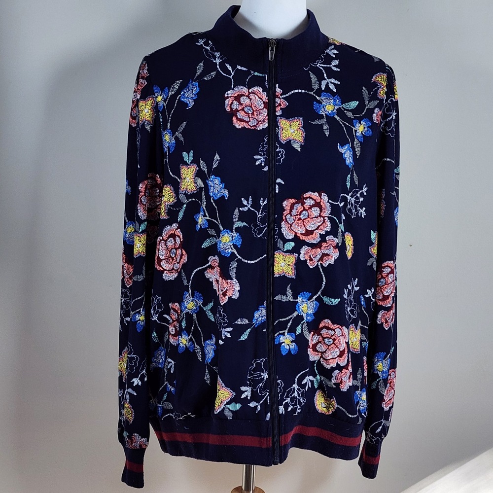 Love & Legend Bomber Jacket Womens 14 Navy Blue Floral Embroidered Lightweight